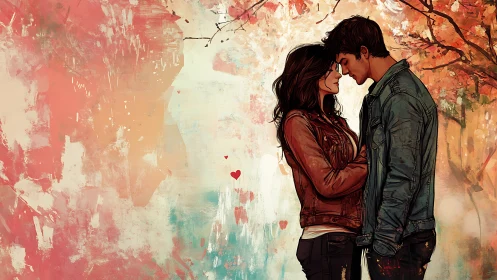 Intimate Couple Moment Against Textured Autumn Backdrop