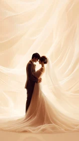 Elegant bridal couple embraced under flowing veil drapery.
