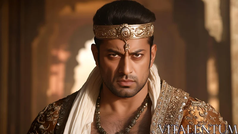 Regal warrior portrait under warm bokeh, ornate brocade and crown