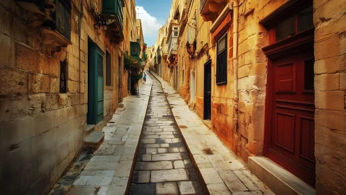 Sunlit stone alleyway leading toward a hidden old-town view.