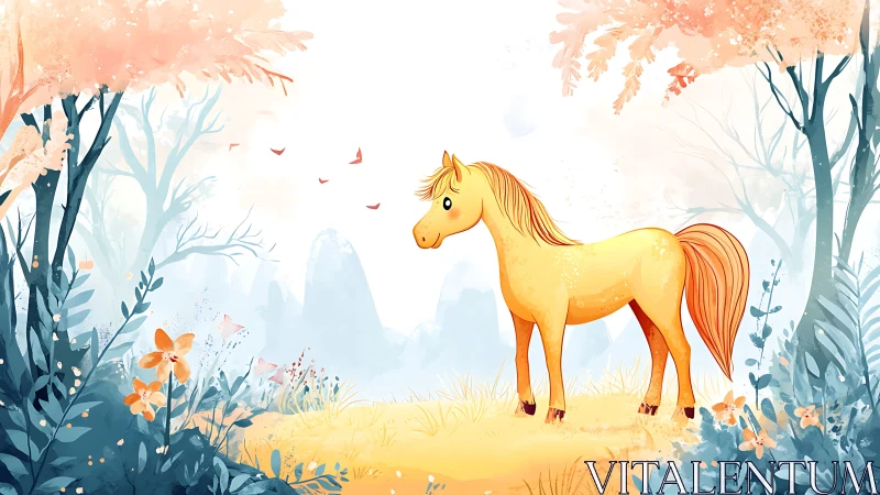 Gentle golden pony pauses in a dreamy pastel forest glade