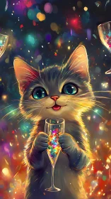 Luminescent Cat Celebrating with Neon-Infused Champagne Flute.