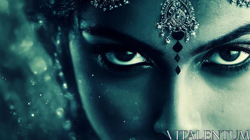 Mystical close-up portrait with jeweled forehead adornment.