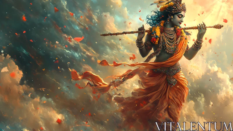 Divine blue-hued flute player in swirling saffron drapery