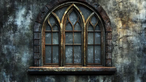 Gothic arched triptych window in corroded masonry facade.