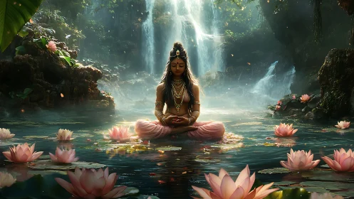 Divine woman meditates amid lotus pond and waterfalls.
