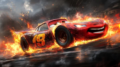 Flaming red race car smiles boldly while tearing through fire