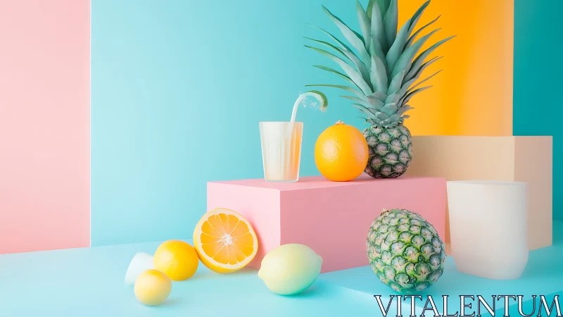 Tropical fruit parade on candy-colored summer pedestals.
