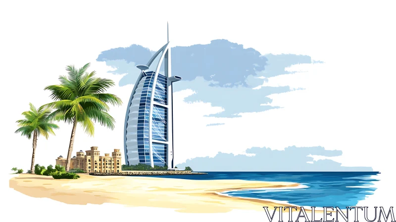 Stylized coastal high‑rise stands beside palm trees and sea