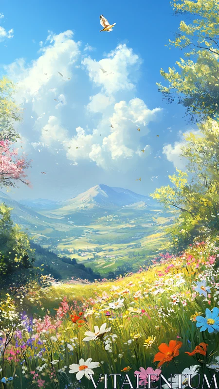 Sunlit mountain meadow alive with wildflowers and gentle skies.