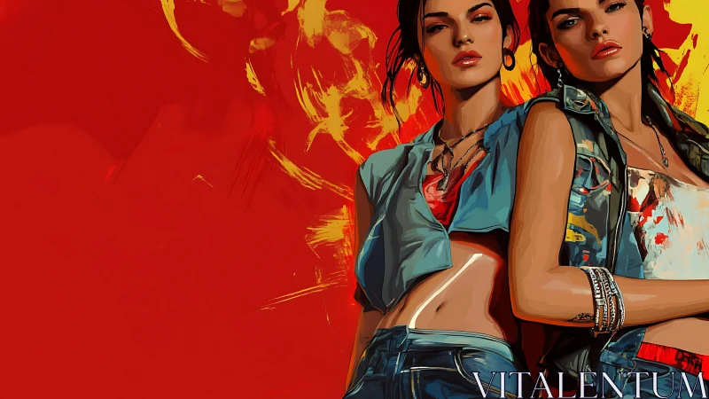 Defiant twin figures command a blazing red urban canvas