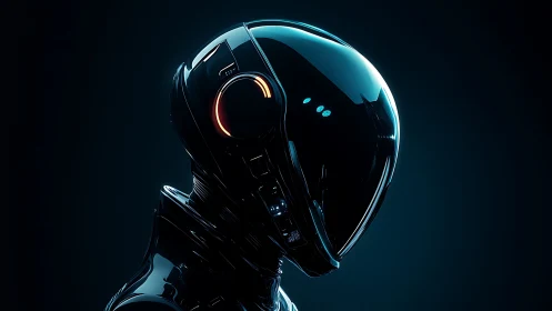 Sleek futuristic android quietly glowing in soft neon light.