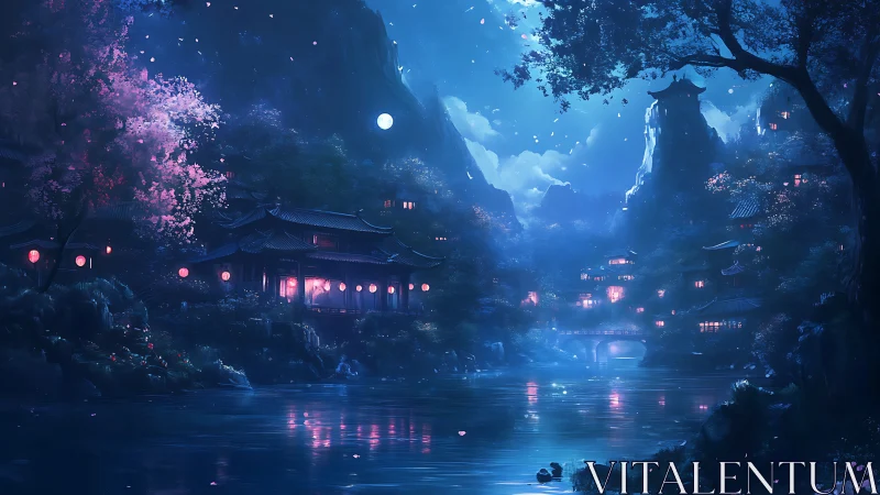 Moonlit riverside village glows with cherry blossoms and lanterns.