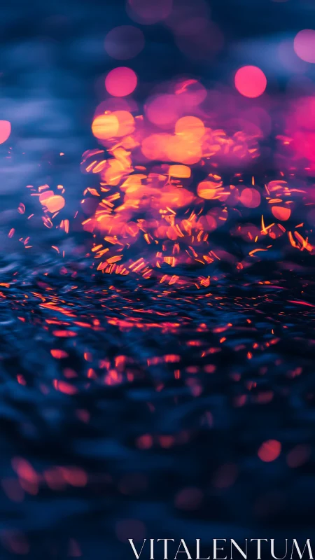 Neon bokeh lights glowing over dark rippled water surface.