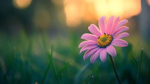Pink Daisy Backlit by Golden Hour Sunset