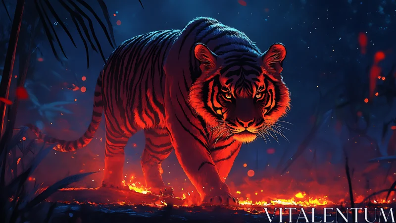 Ember-lit tiger stalking through neon blue jungle night.