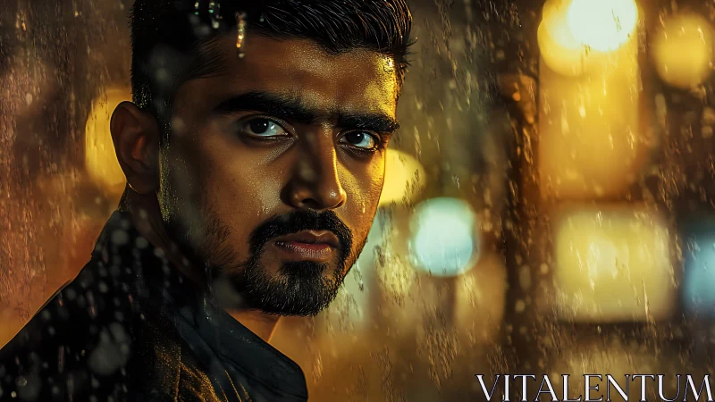 Cinematic male portrait against neon bokeh in rainy ambience