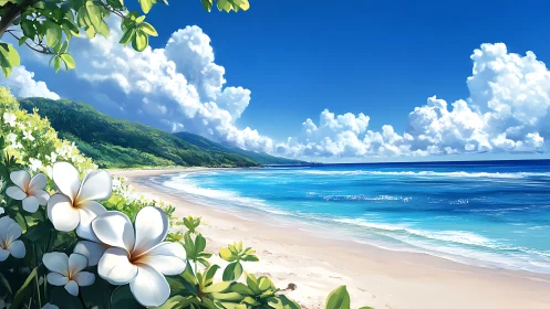 Tropical shoreline with white flowers and distant green hills.