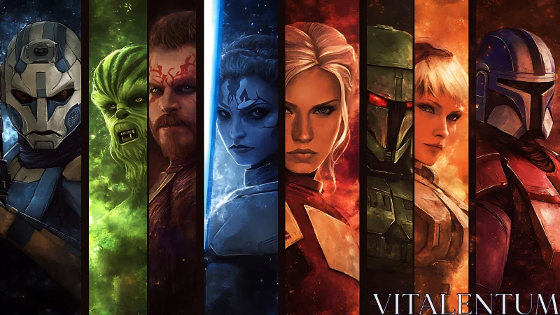 Bold sci fi heroes stand united in vivid cosmic portraits.