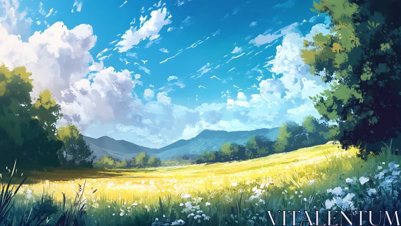 Sunlit meadow with distant mountains under clouded sky.