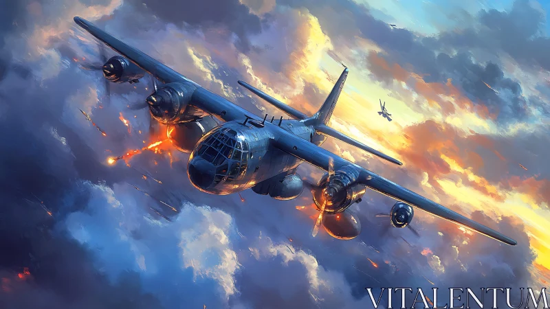 Wartime bomber cuts through burning clouds at sunset sky.