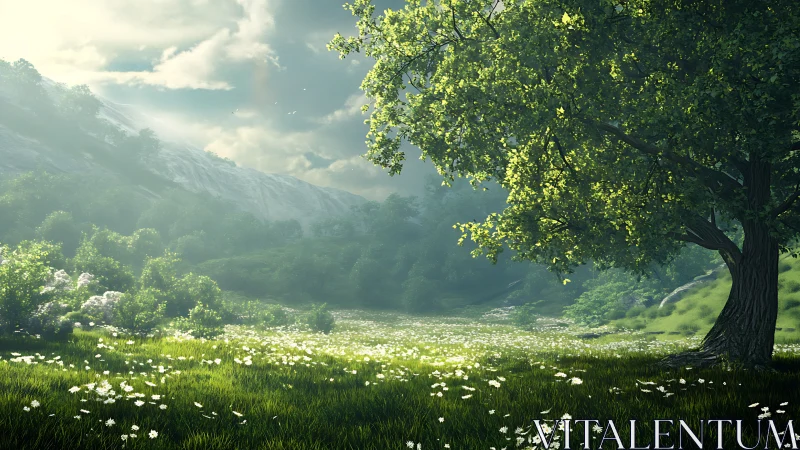 Luminous meadow under lone oak in atmospheric digital painting.