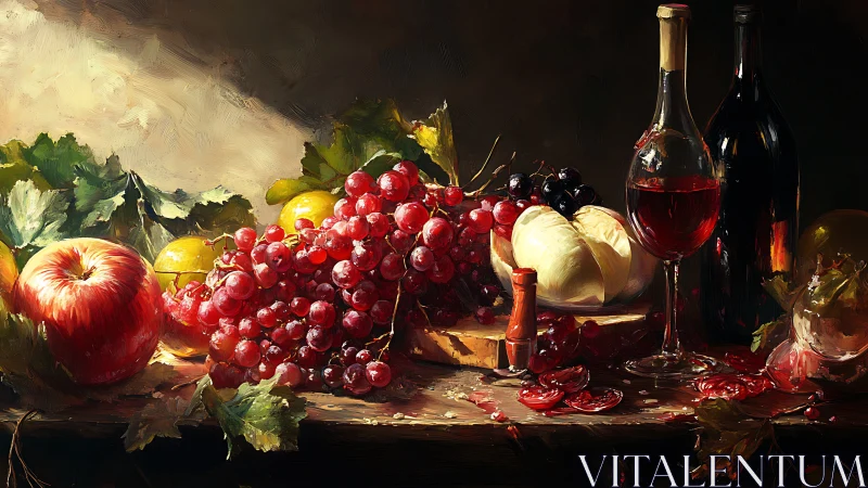 Still life of fruit, cheese, wine bottles and glass.