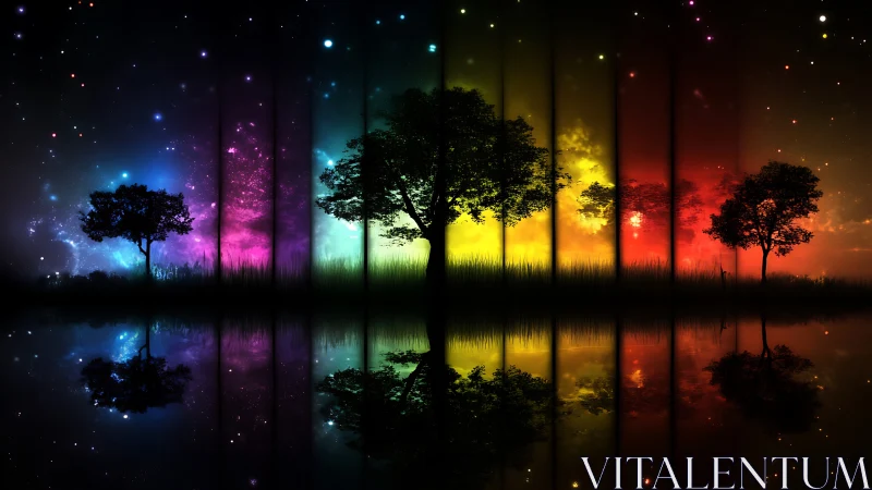 Prismatic forest silhouettes mirrored in cosmic dusk panorama.
