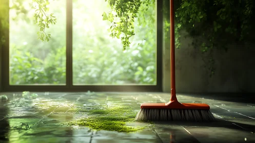 Orange broom on wet tiled floor with green moss growth.