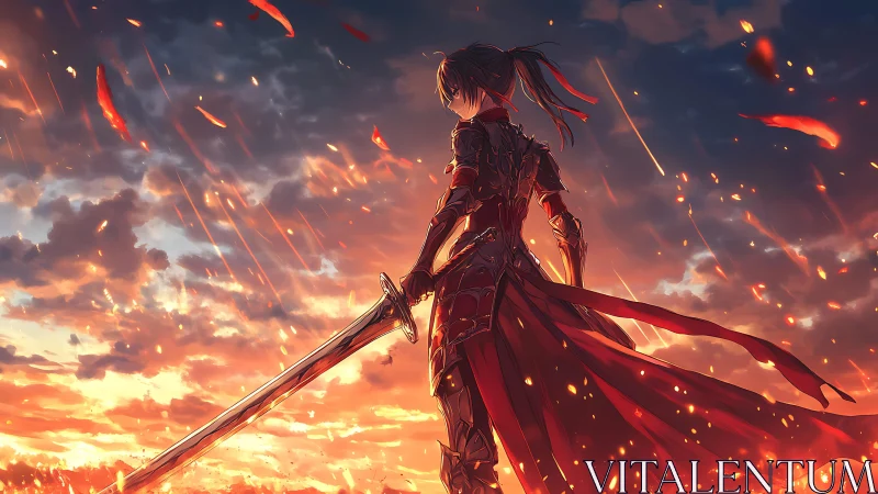 Armored swordsman stands against illuminated, ember-filled sky