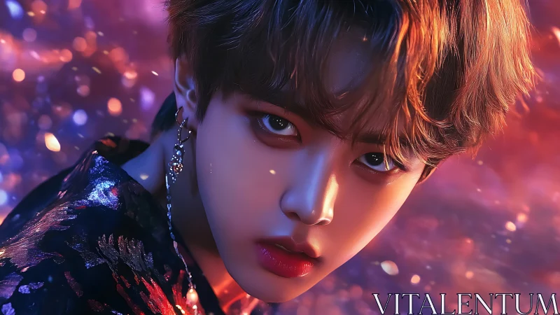 Starlit gaze of a neon dreamer wrapped in cosmic petals.