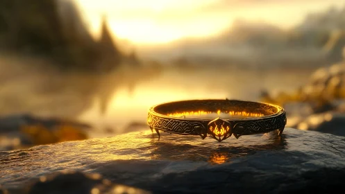 Golden enchanted ring glowing softly at a misty sunrise.