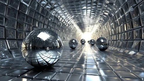 Chrome spheres in reflective metallic tunnel perspective.
