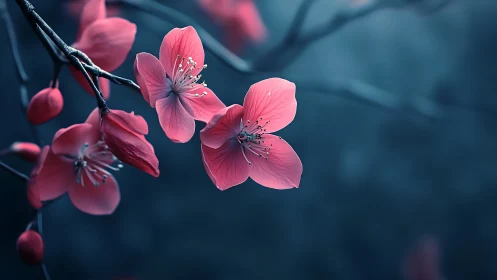 Pink Blossoms Dance Against a Moody Blue Night Sky.