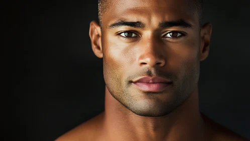 Direct gaze portrait of confident man against dark void.