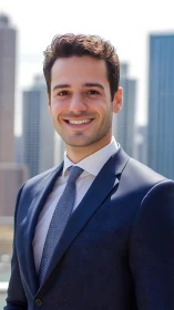 Confident young professional smiling above city skyline.