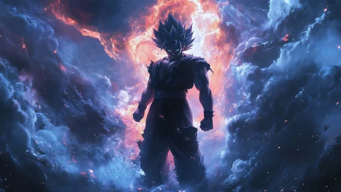 Fiery warrior silhouette ignites stormy cosmic clouds.