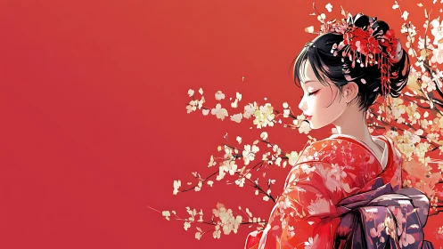 Profile view shows woman in kimono amid stylized blossoms
