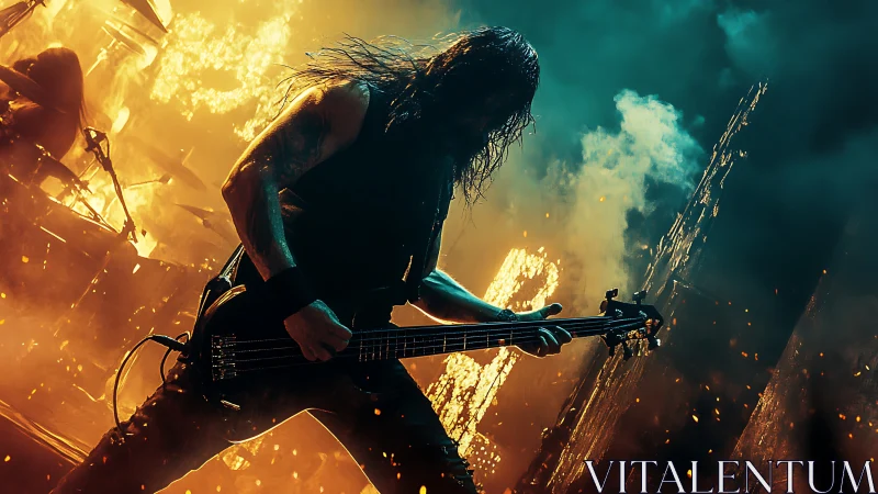 Backlit metal bassist framed by pyrotechnic flames and smoke