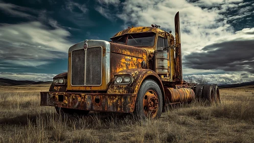 Weathered yellow semi truck rests proudly in an open field