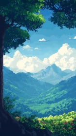 Pixelated mountain valley with trees and distant ridges.