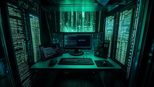 Cyber operations workstation in neon green data center glow.