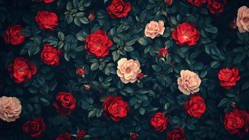 Dense Floral Composition: Red and Blush Roses with Deep Teal Foliage.