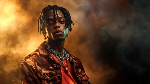 Portrait of young man in layered chains against smoky backdrop