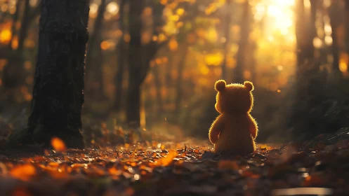 Backlit plush bear contemplates sunlit autumn forest path