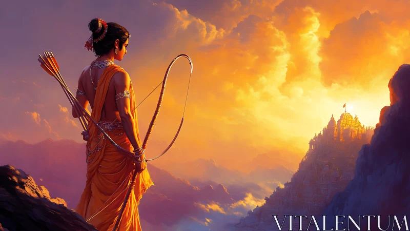 Warrior prince studies distant golden temple at sunrise