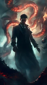 Solitary male figure stands amid luminescent tentacular forms