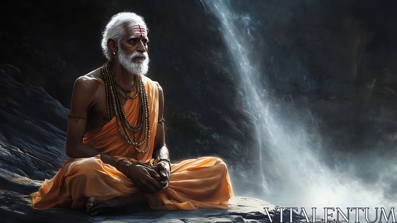 Elderly orange-robed sage meditating beside misted waterfall.
