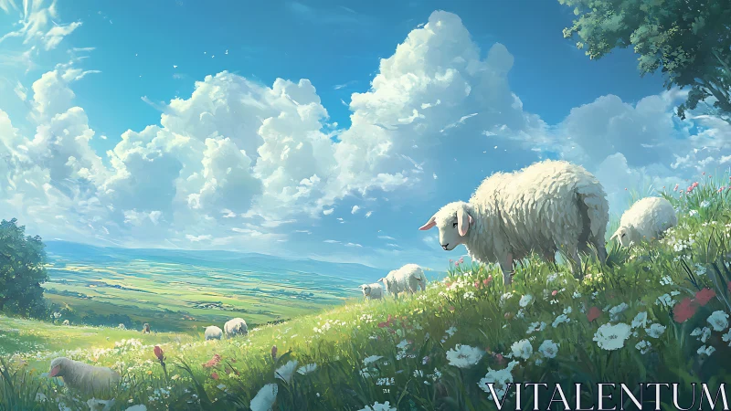 Sheep grazing on windlit floral hillside under cumulus sky.