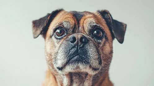 Soulful senior dog portrait in soft neutral lighting.